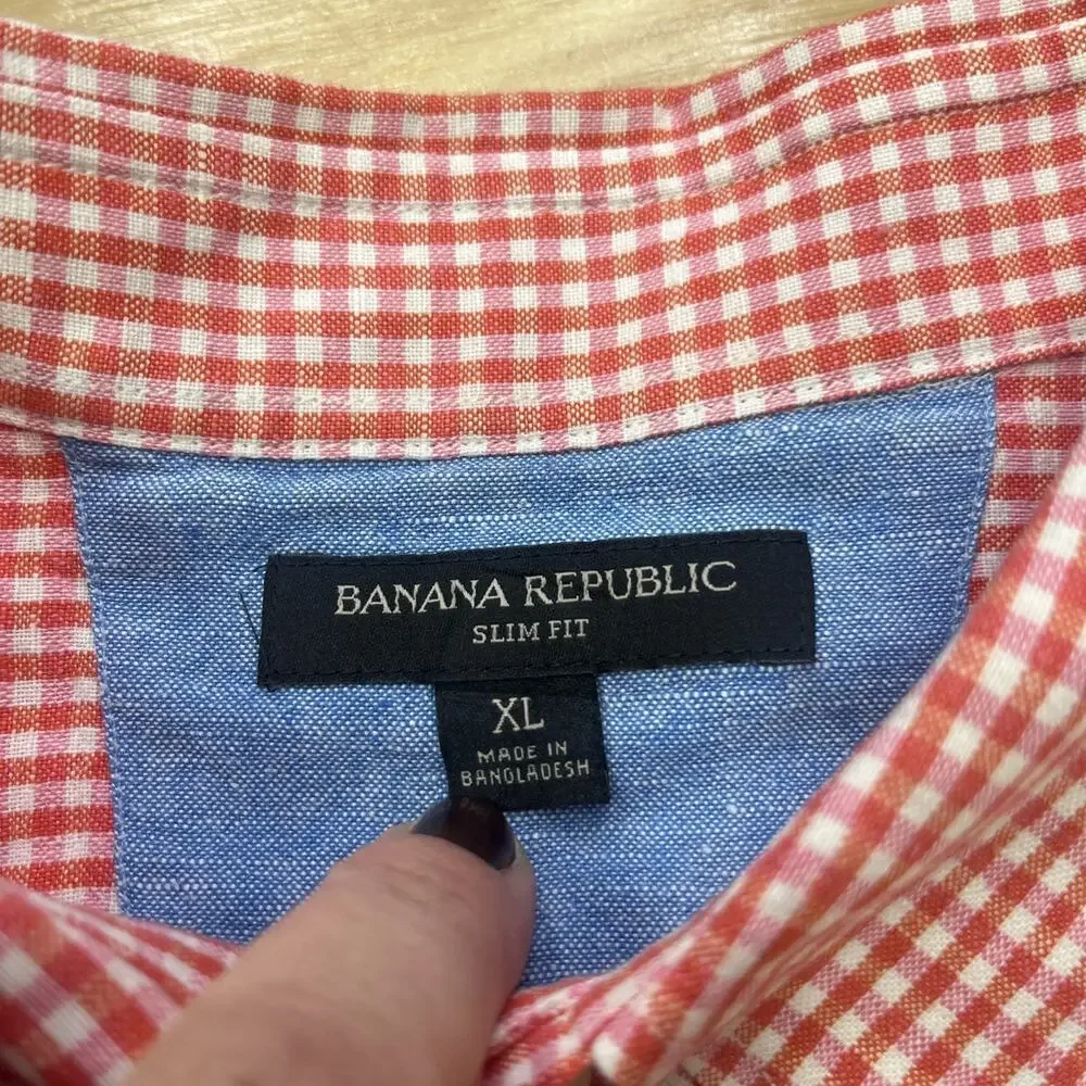 Banana Republic Slim Fit Linen Blend Gingham Button Down Shirt Orange Men's XL